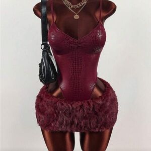 Satin Croc-Texture Burgundy Bodycon Dress with Faux Fur Hem